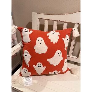 Shreysha Textiles Halloween Ghost Tassel Throw Pillow Orange White 18x18